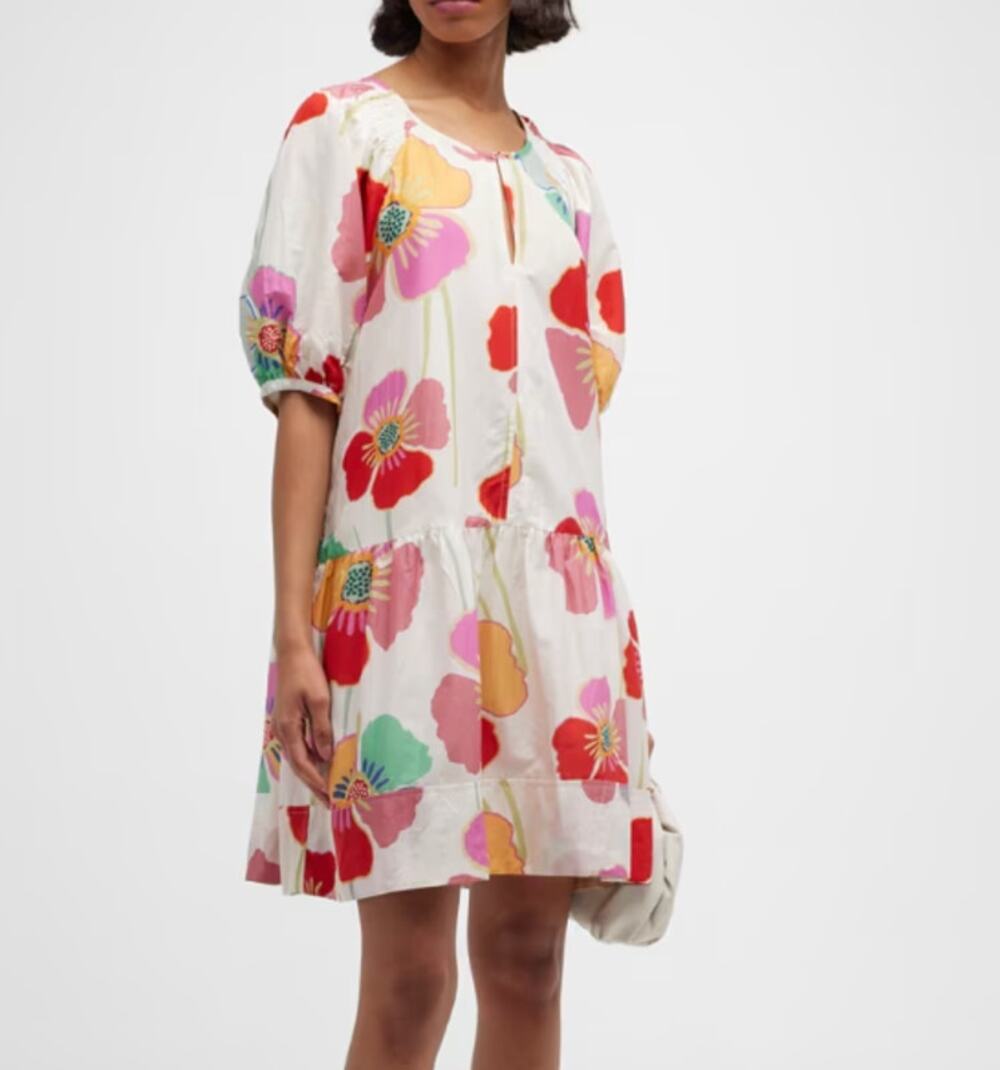 Velvet by Graham & Spencer Rachel Floral Puff Sleeve Mini Dress White Pink XS